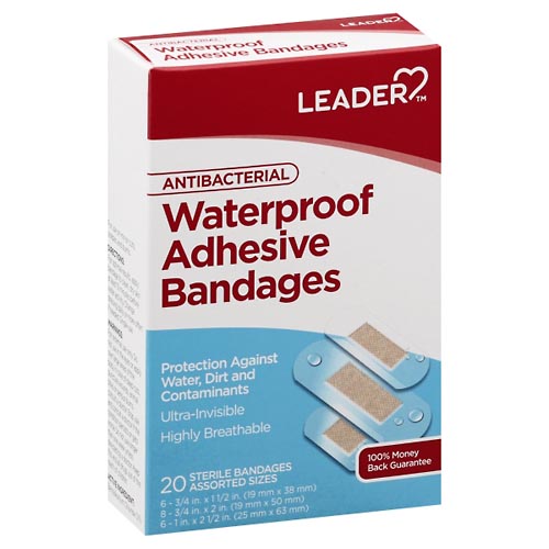 Image for Leader Adhesive Bandages, Antibacterial, Waterproof, Assorted Sizes,20ea from CAPITOL DRUGS - WEST HOLLYWOOD